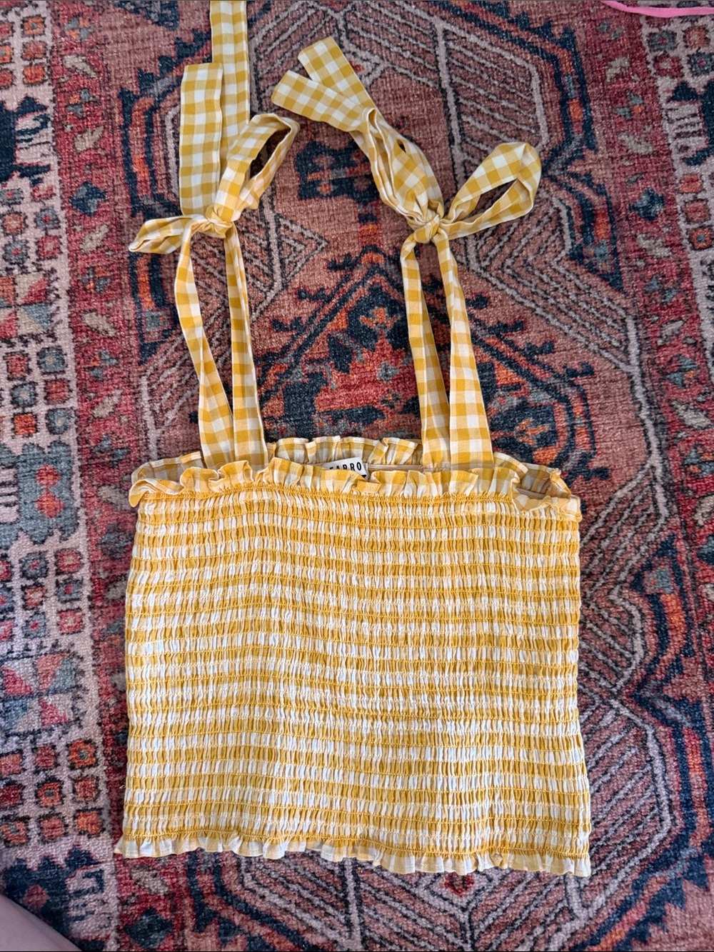 Yellow Gingham Smocked Crop Top with Tie Straps